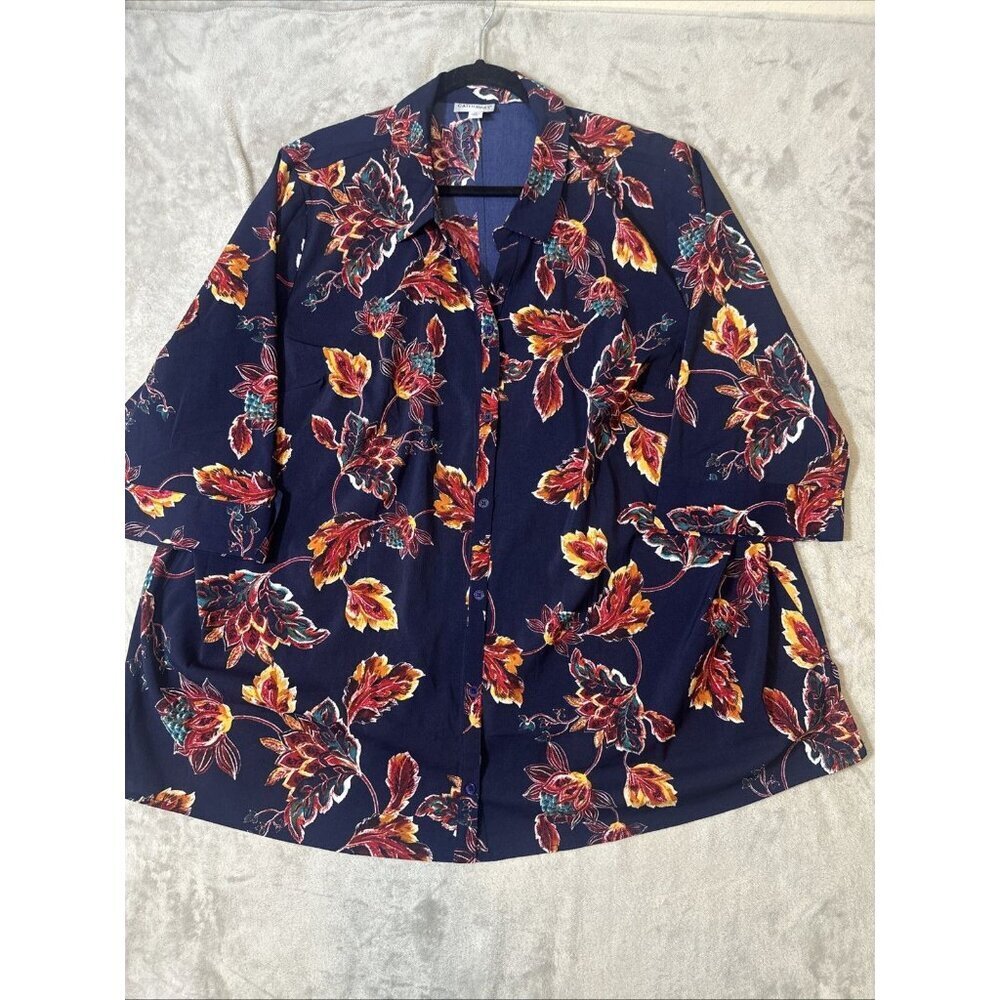 Catherines 3X Blouse Navy Multicolor Leaf Print Stretch Button Front 3/4 Sleeve - Picture 3 of 10